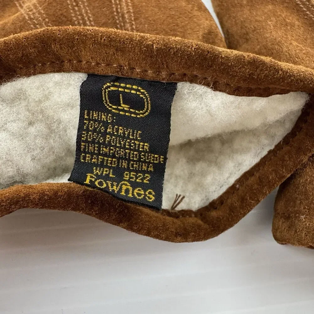 Vintage Fownes Brown Suede Leather Gloves Size L Fleece Lined Winter